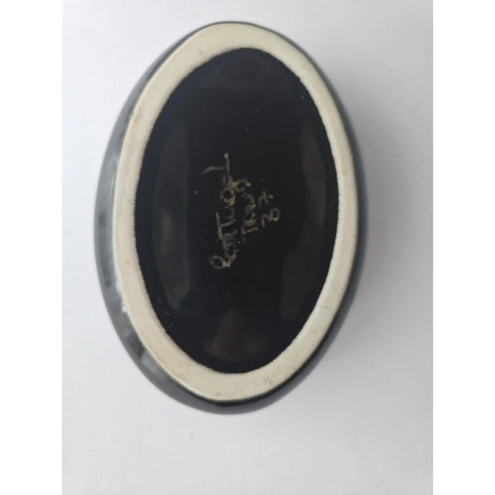 Vintage Portuguese Hand Painted Black Ceramic Floral Trinket Box